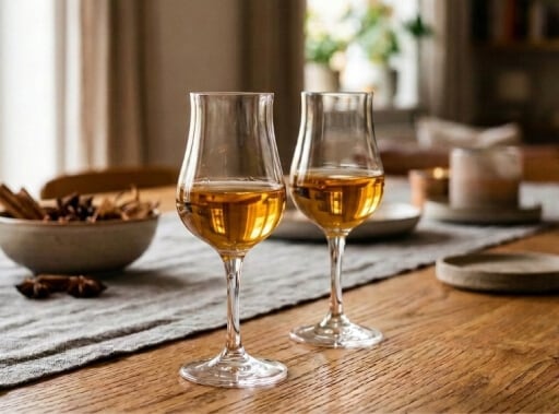Whiskylikeuren: 2 glazen staan op tafel. Het zijn hoge likeurglaasjes op een pootje met een lichte theekleurige likeur erin. Ze staan op een houten tafel met daarop een kaars en bakje en tafelloper